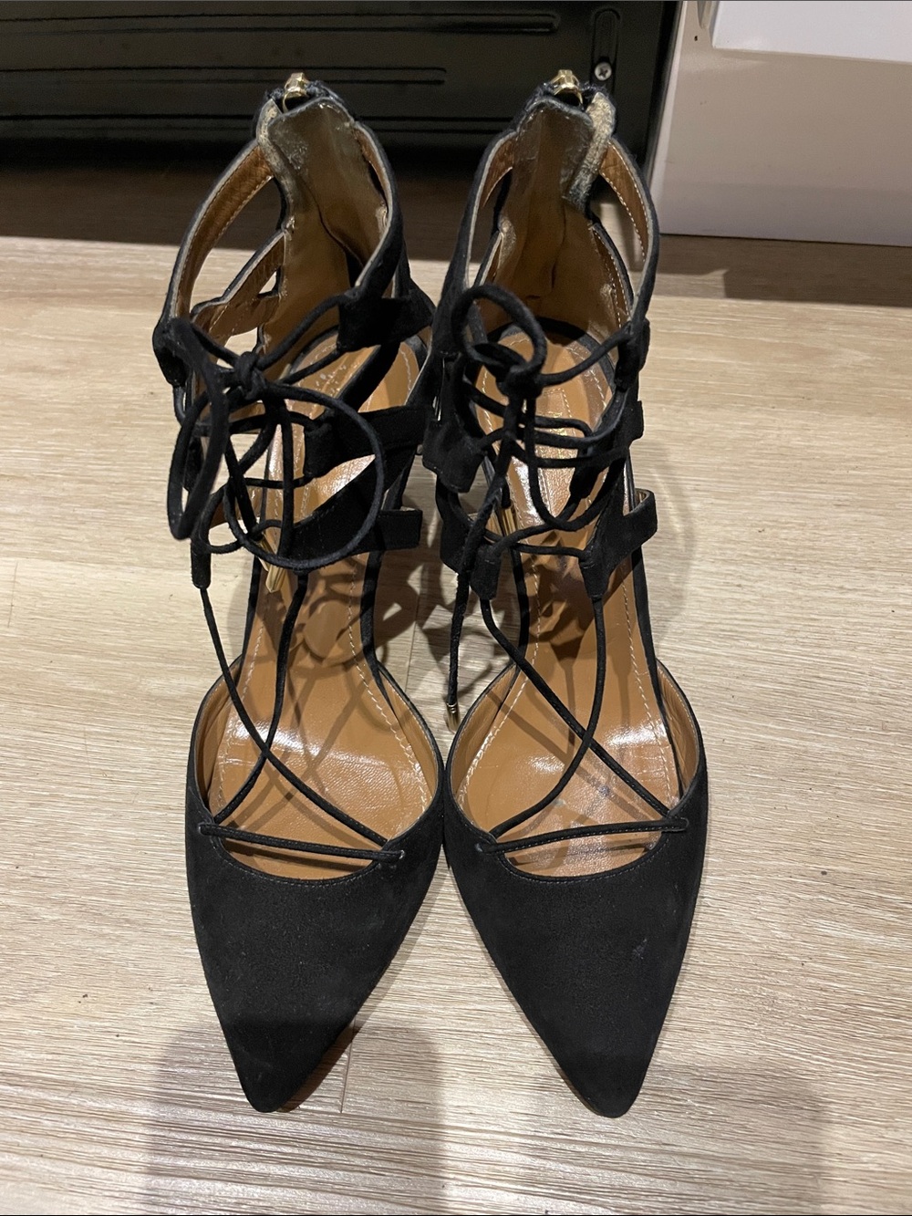 Aquazzura Black Suede Lace-Up Pointed-Toe Heels